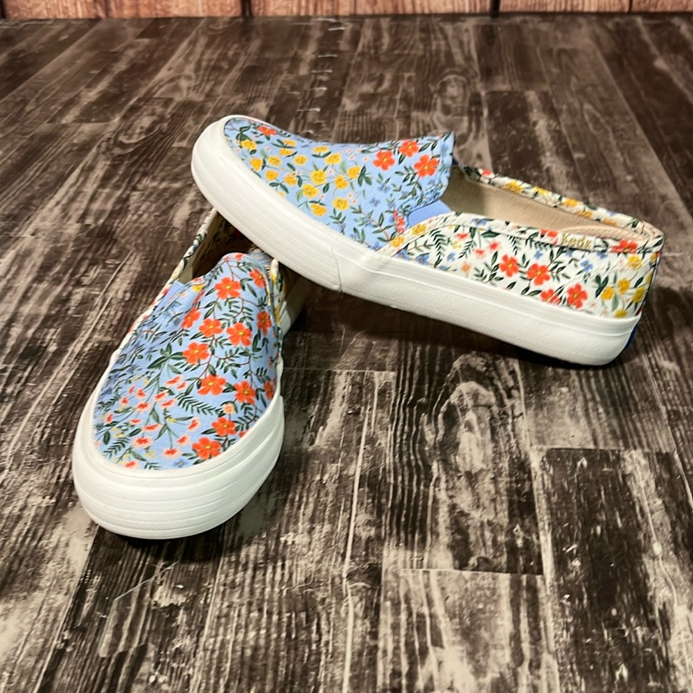 Keds Floral Slip-On Sneakers in Light Blue with Orange & Yellow Flowers